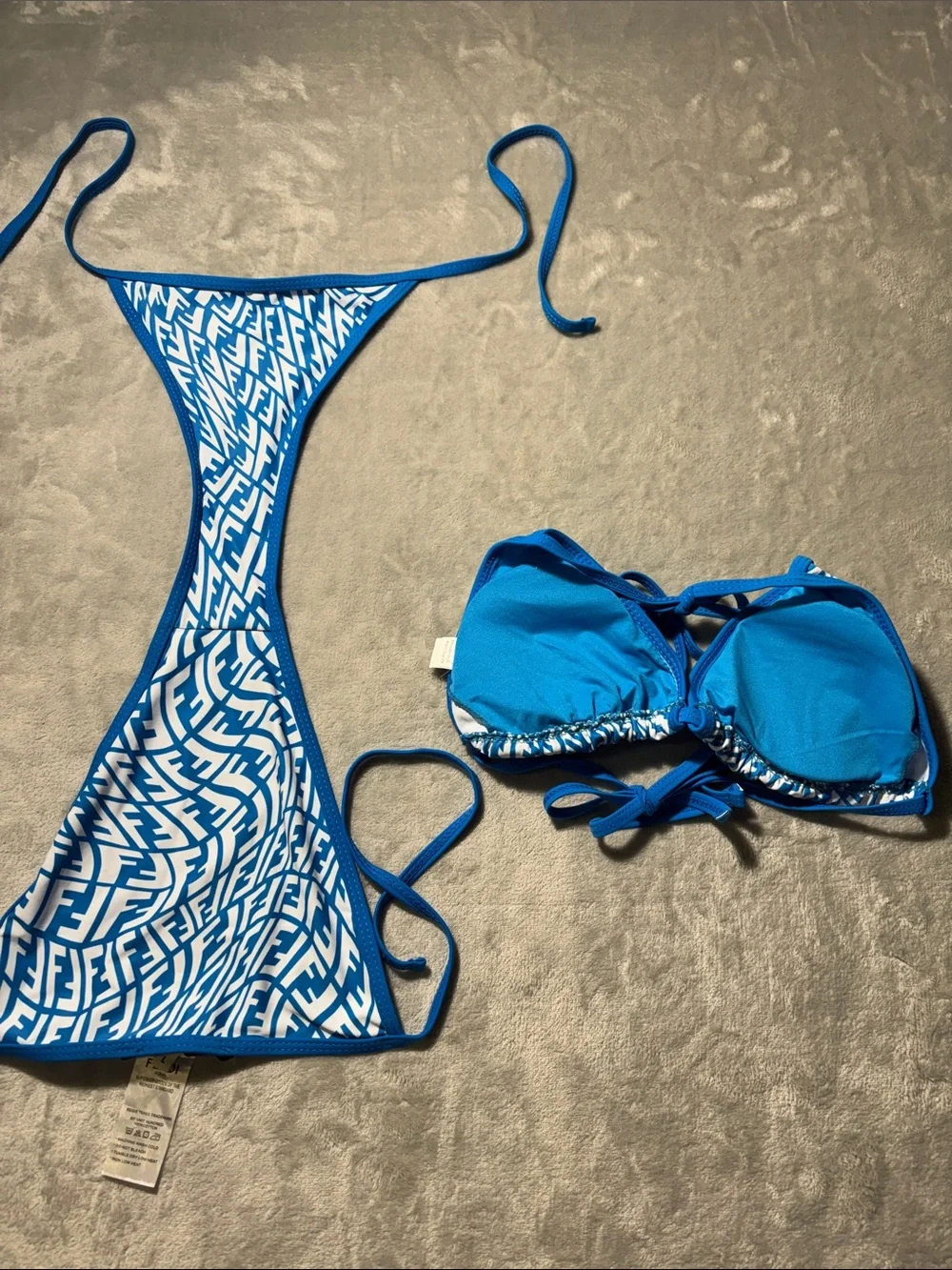 Fendi FF Vertigo Bikini Set Blue White Logo Monogram String Swimsuit Size L